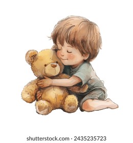 cute kid play with teddy bear vector illustration in watercolour style