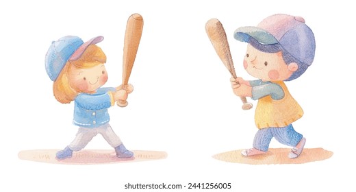 lindo niño jugando béisbol acuarela ilustración vectorial 