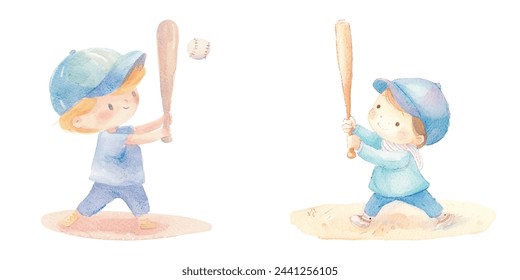 cute kid playing baseball watercolour vector illustration