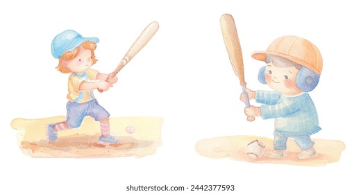 cute kid playing baseball watercolour vector illustration 