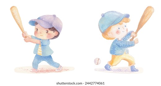 cute kid playing baseball watercolour vector illustration