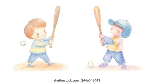Nettes Kind, das Baseball-Aquarell-Vektorillustration spielt 
