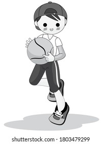 Cute kid playing basketball. Vector illustration in black and white.