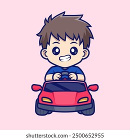 Cute Kid Playing With Car Toy Cartoon Vector Icon Illustration. People Transportation Icon Concept Isolated Premium Vector. Flat Cartoon Style