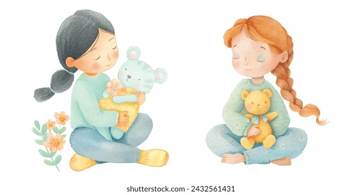 cute kid playing doll watercolour vector illustration 
