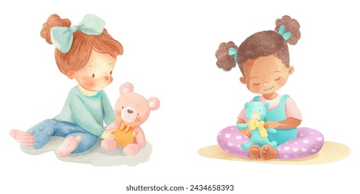 cute kid playing doll watercolour vector illustration