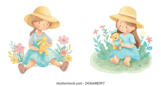 cute kid playing doll watercolour vector illustration