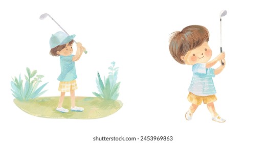 cute kid playing golf watercolor vector illustration 