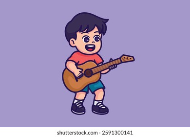 Cute kid playing guitar cartoon illustration