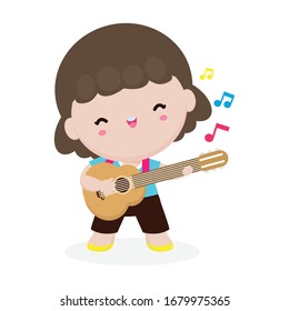 cute kid playing guitar, happy children girl playing the guitar. Musical performance. isolated vector Illustration on white background. in cartoon style