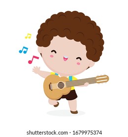 cute kid playing guitar, happy children boy playing the guitar. Musical performance. isolated vector Illustration on white background. in cartoon style