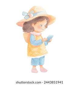 cute kid playing phone watercolor vector illustration