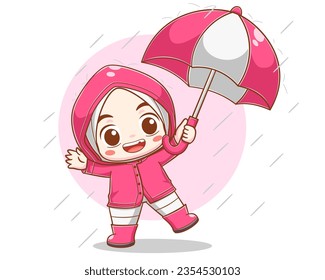 Cute kid playing in the rain cartoon illustration