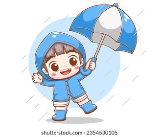 Niño lindo jugando en la ilustración de la caricatura de la lluvia