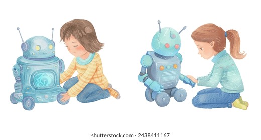 cute kid playing robot toy watercolour vector illustration 