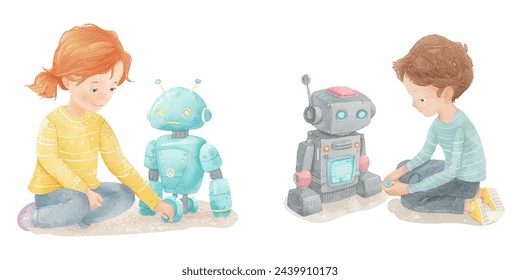 cute kid playing robot toy watercolour vector illustration