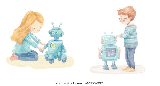 cute kid playing robot toy watercolour vector illustration