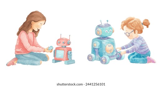 cute kid playing robot toy watercolour vector illustration