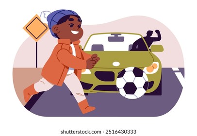 Menino bonito joga futebol e joga bola na frente do carro. Garoto travesso correndo para a estrada, trânsito de rua. Acidentes de perigo enquanto crianças jogos ao ar livre. Ilustração de vetor isolado plano sobre fundo branco