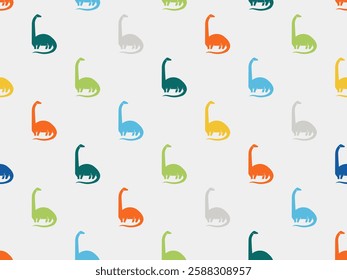 Cute kid poster with dinosaur icon. Summer bright seamless pattern with brachiosaurus . Geometric banner of ancient predator animal, vector illustration