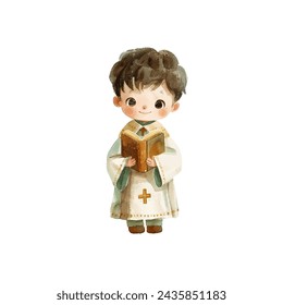 cute kid priest vector illustration in watercolour style