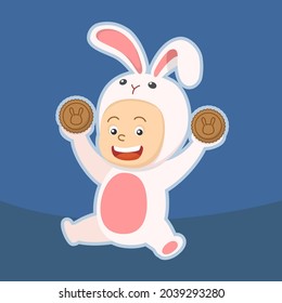 cute kid in rabbit costume holding two mid autumn festival mooncake