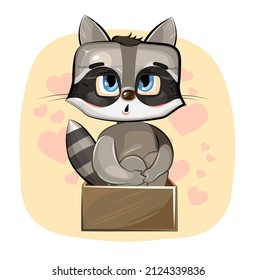 Cute kid Raccoon in a cardboard box. Kind kid animal as gift. Illustration for children. Isolated on white background. On an abstract background with hearts. Childish naive baby. Young cub. Vector.