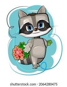 Cute kid Raccoon stretches out his hand suggest friendship. He wants to give a bouquet of flowers. Funny animal. Illustration for children. Isolated on white background. Vector.
