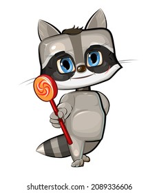 Cute kid raccoon stretches out his hand offering a treat. He wants to present a sweetness lollipop. Funny animal baby. Illustration for children. Isolated on white background. Vector
