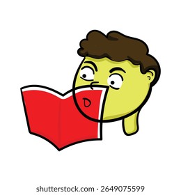 Livro de leitura infantil bonito com expressão espantada, ilustração de alfabetização infantil, conceito de educação

