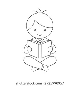 Cute Kid Reading a Book – Black and White Outline Education Illustration