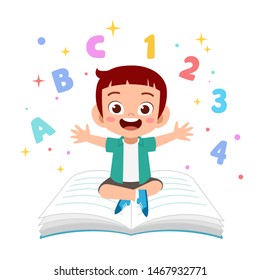 cute kid reading book education concept illustration