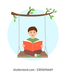 Un niño lindo leyendo un libro sentado en Swing. Tiempo libre, descanso, hobby y ocio de verano. Ilustración vectorial