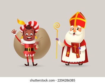 Cute kid with red costume and gift bag and Saint Nicholas or Sinterklaas - celebration Saint Nicholas day - vector illustration