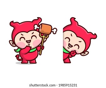 CUTE KID IN RED DEVIL COSTUME AND HOLDING A TRIDENT WITH MEAT CARTOON MASCOT DESIGN SET.