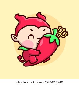 CUTE KID IN RED DEVIL COSTUME IS RIDING A BIG RED CHILI AND KISSING IT. HIGH QUALITY CARTOON MASCOT DESIGN.