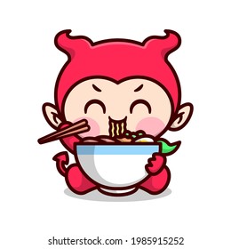 CUTE KID IN RED DEVIL COSTUME IS EATING A BIG BOWL OF NOODLE WITH CHOPSTICK. HIGH QUALITY CARTOON MASCOT DESIGN. 