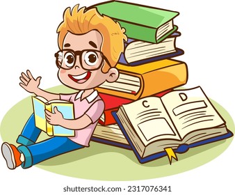 Cute kid relaxing and enjoying reading books. Vector illustration isolated on white background