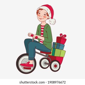 Cute kid rides on bicycle. Funny boy having fun. Christmas illustration vector concept