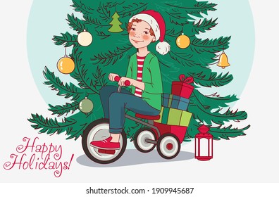 Cute kid rides on bicycle. Funny boy having fun. Christmas illustration vector concept