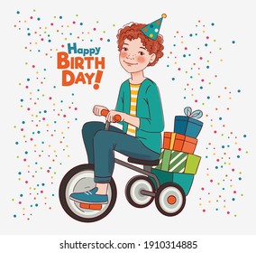 Cute kid rides on bicycle. Funny boy having fun. Happy Birthday illustration vector concept