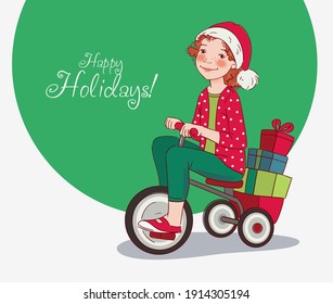 Cute kid rides on bicycle. Funny girl having fun. Christmas illustration vector concept