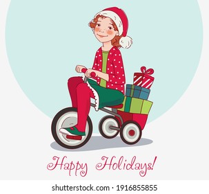 Cute kid rides on bicycle. Funny girl having fun. Christmas illustration vector concept