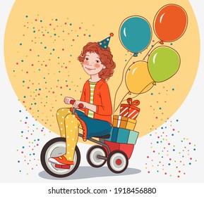 Cute kid rides on bicycle. Funny girl having fun. Happy Birthday illustration vector concept