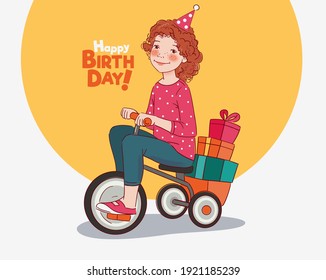 Cute kid rides on bicycle. Funny girl having fun. Happy Birthday illustration vector concept