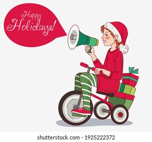 Cute kid rides on bicycle. Funny girl shouting on the megaphone. Christmas illustration vector concept