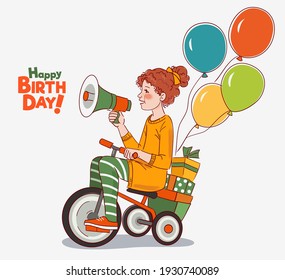 Cute kid rides on bicycle. Funny girl shouting on the megaphone
