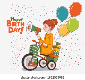 Cute kid rides on bicycle. Funny girl shouting on the megaphone