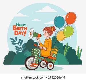 Cute kid rides on bicycle in the park. Funny girl shouting on the megaphone. Happy Birthday vector illustration