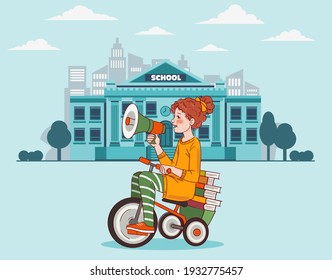 Cute kid rides on bicycle. Funny girl shouting on the megaphone. Back to school vector illustration